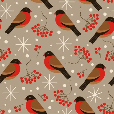 bullfinches ve rowan - vektör çizim, eps ile sorunsuz kahverengi deseni
