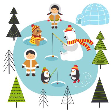 Eskimolar ve Kuzey - vektör çizim, eps üzerinde kutup hayvanları