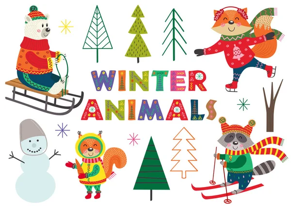 Set Isolated Winter Fun Animals Part Vector Illustration Eps — Stock Vector