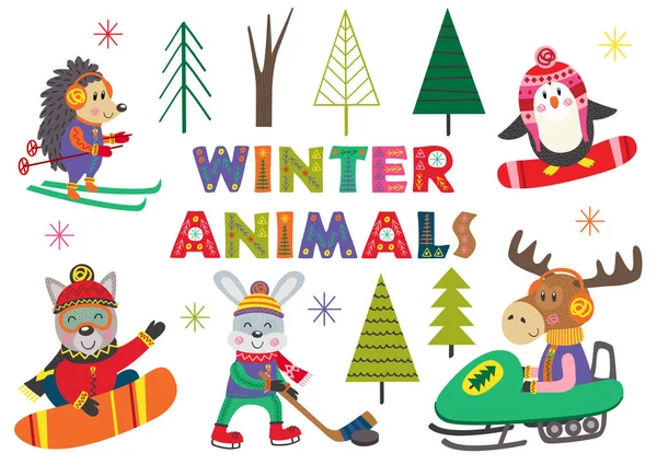 Conjunto Diversión Invierno Aislado Con Animales Parte Ilustración Vectorial Eps — Vector de stock