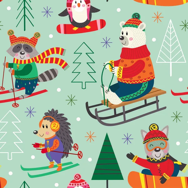 Seamless Pattern Winter Fun Animals Sled Ski Snowboard Vector Illustration — Stock Vector