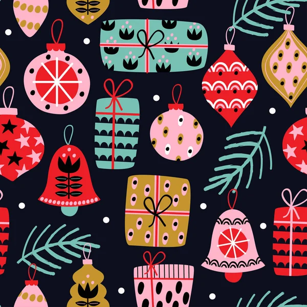 Patrón Sin Costuras Con Decoraciones Navidad Sobre Fondo Negro Ilustración — Archivo Imágenes Vectoriales