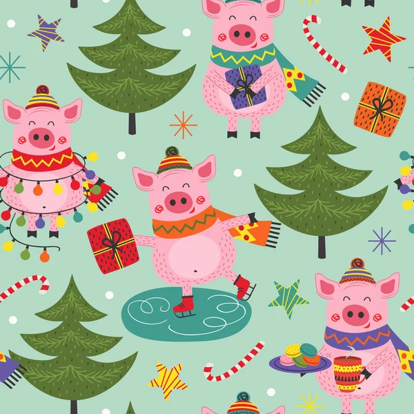 Patrón Sin Costuras Con Cerdo Navidad Vector Ilustración Eps — Archivo Imágenes Vectoriales