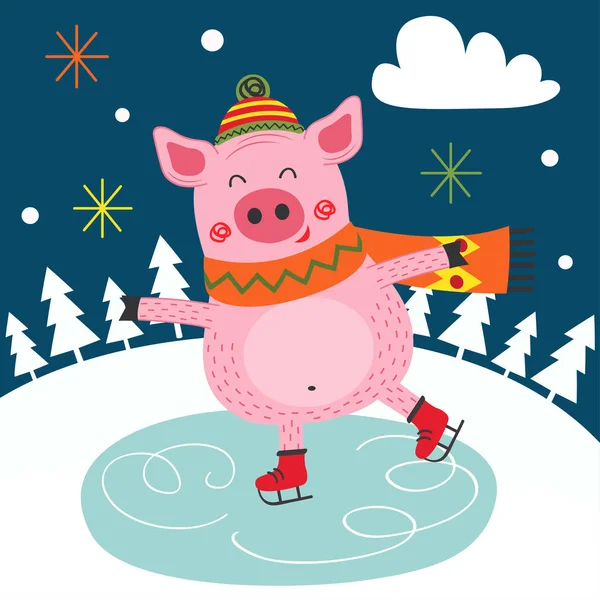 Cartaz Inverno Com Patinação Porco Ilustração Vetorial Eps —  Vetores de Stock