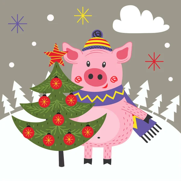 Cartão Feliz Ano Novo Com Porco Árvore Natal Ilustração Vetorial —  Vetores de Stock