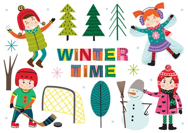 Set Tempo Invernale Isolato Con Bambini Parte Illustrazione Vettoriale Eps — Vettoriale Stock