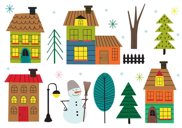 一套被隔绝的房子和树在冬天时间 向量例证 Eps — 图库矢量图片