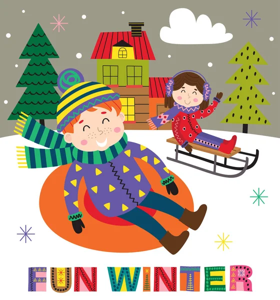 Vinter Affisch Med Barn Kälke Vektorillustration Eps — Stock vektor