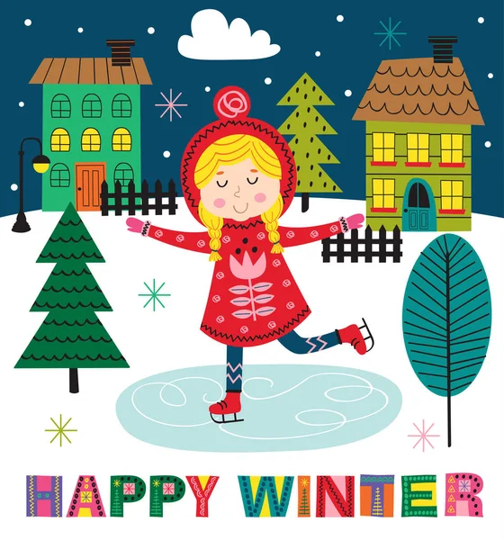 Winter Poster Skating Girl Town Vector Illustration Eps — Stock Vector