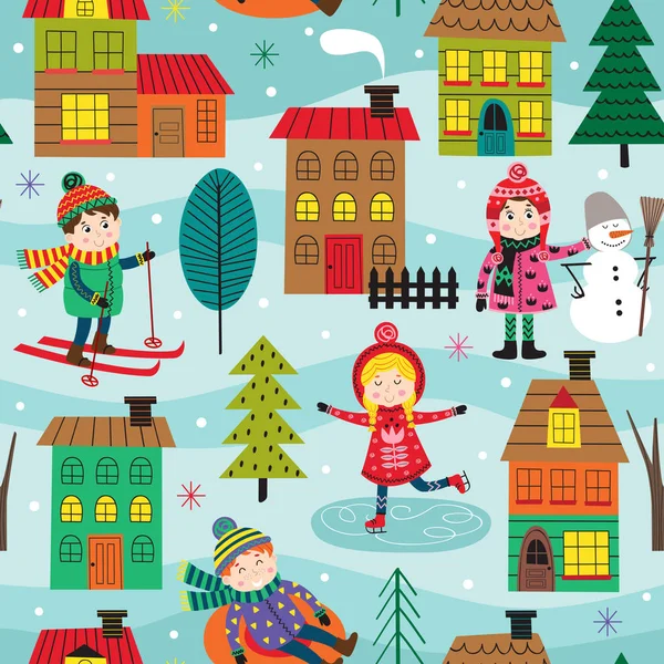 Nahtloses Muster Mit Kindern Winter Freien Vektor Illustration Eps — Stockvektor