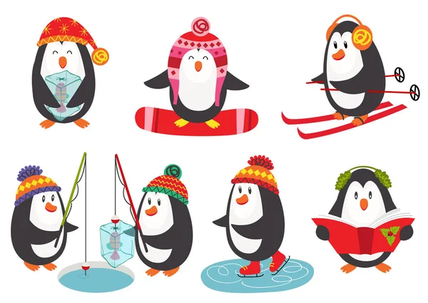 Conjunto Pinguins Bonitos Isolados Ilustração Vetorial Eps — Vetor de Stock