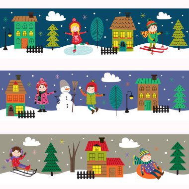 Kış zamanında - vektör çizim, eps çocuklarla yatay afiş kümesi