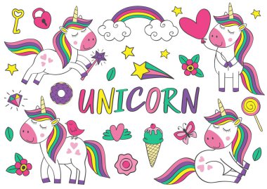 izole şirin tek boynuzlu at ve öğeleri Bölüm 1 - vektör çizim, eps kümesi