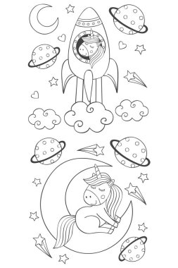 uzayda - vektör çizim, eps izole boyama şirin tek boynuzlu kümesi