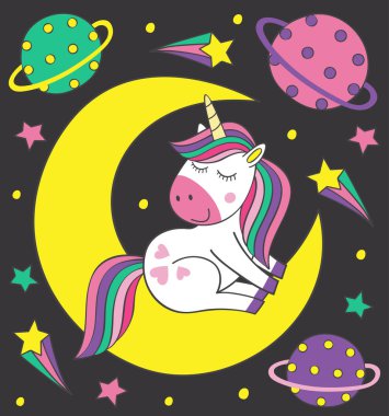 sevimli küçük tek boynuzlu aya - vektör çizim, eps