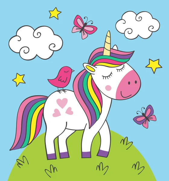 Lindo Unicornio Poco Con Pájaro Prado Vector Ilustración Eps — Archivo Imágenes Vectoriales