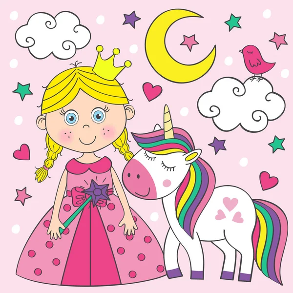 Schöne Kleine Prinzessin Mit Einhorn Vektor Illustration Folge — Stockvektor