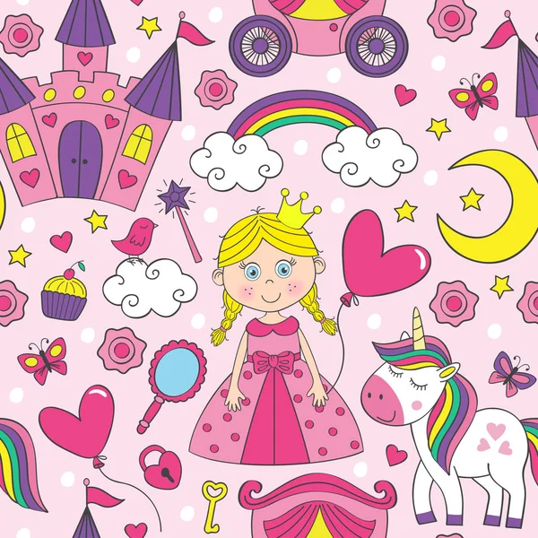 Modello Senza Cuciture Rosa Con Principessa Unicorno Illustrazione Vettoriale Eps — Vettoriale Stock