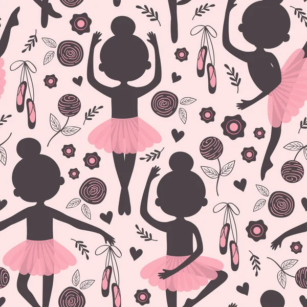 Sziluettjét Balerina Lány Vektor Illusztráció Eps Fekete Rózsaszín Zökkenőmentes Minta — Stock Vector