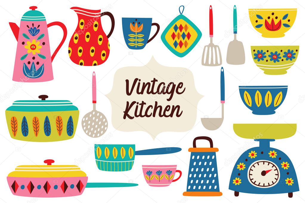white seamless pattern with vintage kitchen - vector illustration, eps