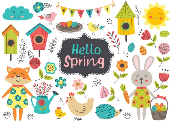 Set Isolated Spring Elements Characters Vector Illustration Eps — Stock Vector