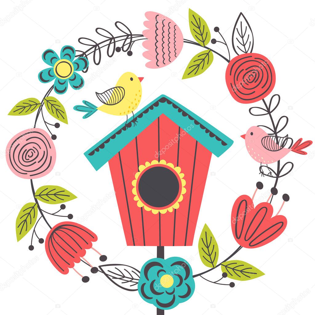 spring floral frame with bird and birdhouse - vector illustration, eps