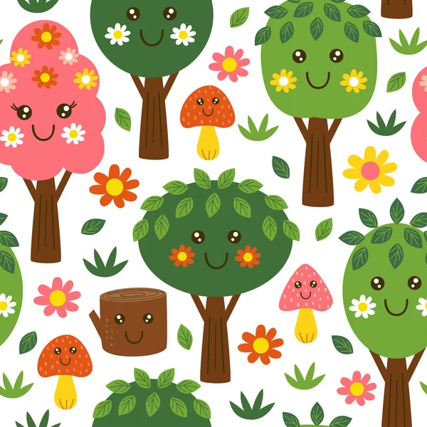 Seamless Pattern Funny Trees Kawaii Vector Illustration Eps — Stock Vector