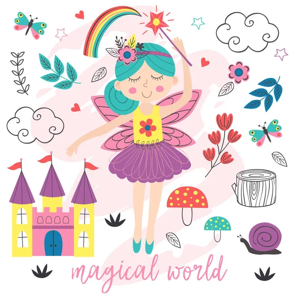 Poster Magische Wereld Met Fairy Vector Illustratie Eps — Stockvector