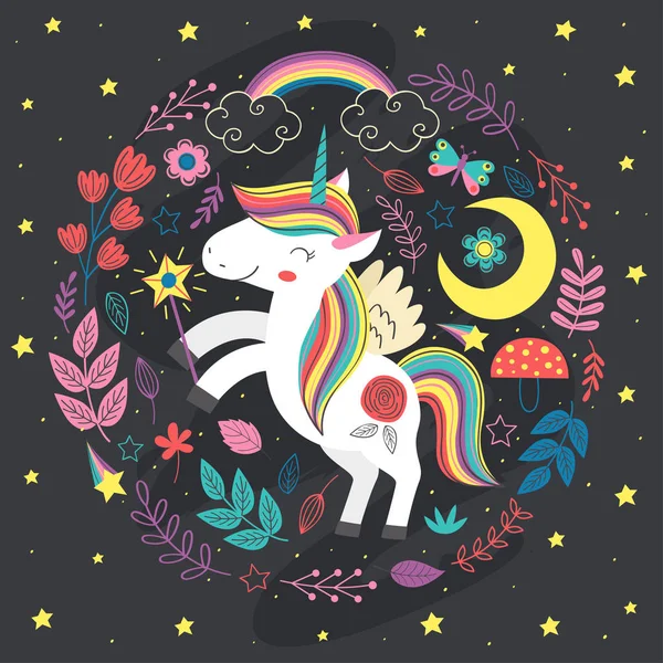 Cartel Con Unicornio Noche Mágica Ilustración Vectorial Eps — Archivo Imágenes Vectoriales