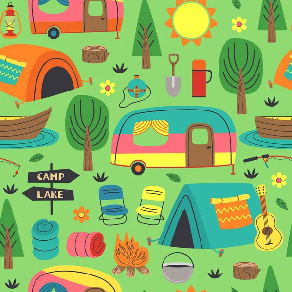 Naadloze Patroon Met Zomer Camping Elementen Vector Illustratie Eps — Stockvector