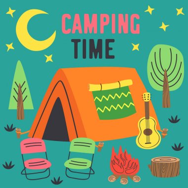 gece bir çadır ile kamp zaman posteri - vektör illüstrasyon, eps