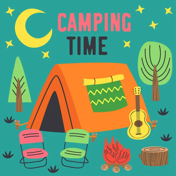 Tiempo Camping Cartel Con Una Tienda Campaña Noche Ilustración Vectorial — Archivo Imágenes Vectoriales