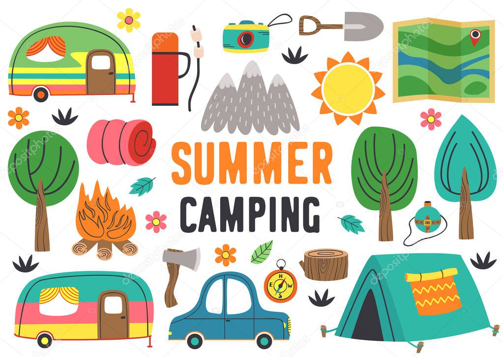 set of isolated summer camping elements part 1 - vector illustration, eps