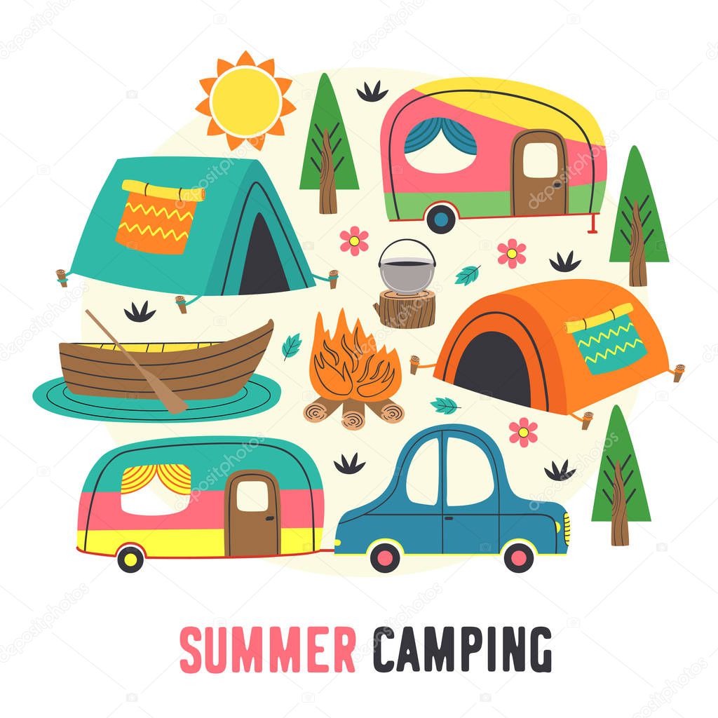 poster funny summer camping  - vector illustration, eps