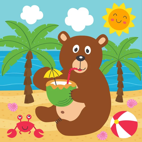 Urso Bebe Leite Coco Praia Ilustração Vetorial Eps —  Vetores de Stock