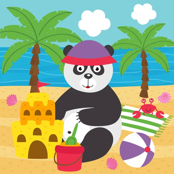 Panda Constrói Castelo Areia Praia Ilustração Vetorial Eps — Vetor de Stock