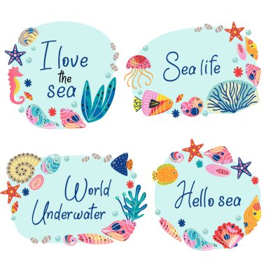 sualtı deniz yaşamı ile izole çerçeveler kümesi - vektör illüstrasyon, eps