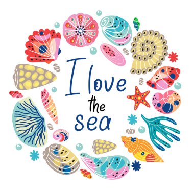 deniz kabukları ve diğer deniz bitkiile izole çerçeve - vektör illüstrasyon, eps