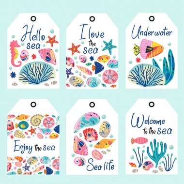 sualtı deniz yaşamı etiketleri seti - vektör illüstrasyon, eps