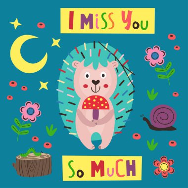 mantar ile poster renkli kirpi - vektör illüstrasyon, eps