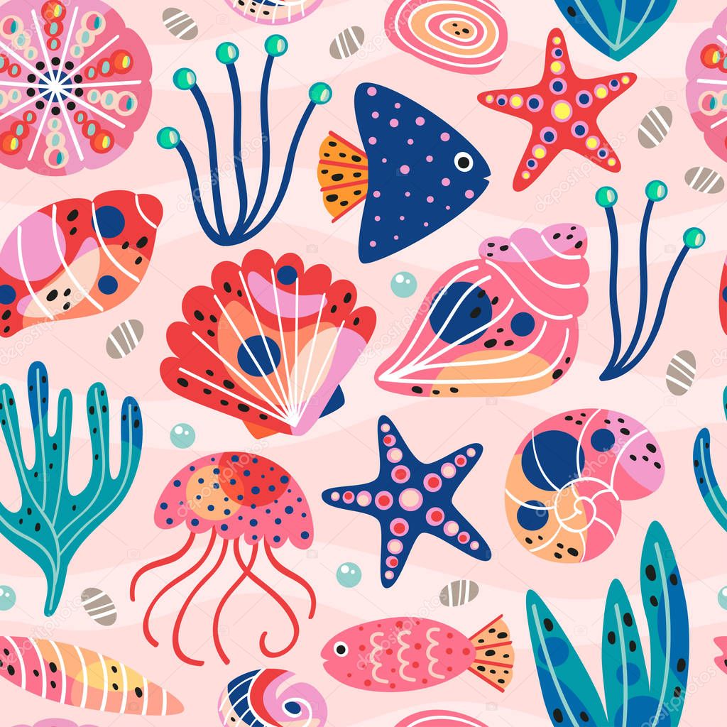 pink seamless pattern with beautiful underwater sea life - vector illustration, eps