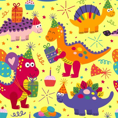sarı arka plan üzerinde sevimli dinozorlar Happy Birthday ile sorunsuz desen - vektör illüstrasyon, eps