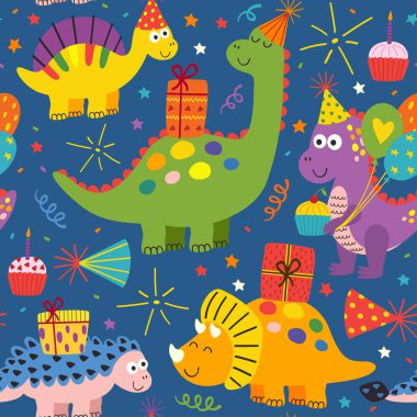 sevimli dinozorlar Happy Birthday ile renkli sorunsuz desen - vektör illüstrasyon, eps