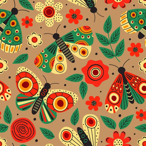 Motif Brun Sans Couture Avec Des Papillons Des Fleurs Illustration — Image vectorielle