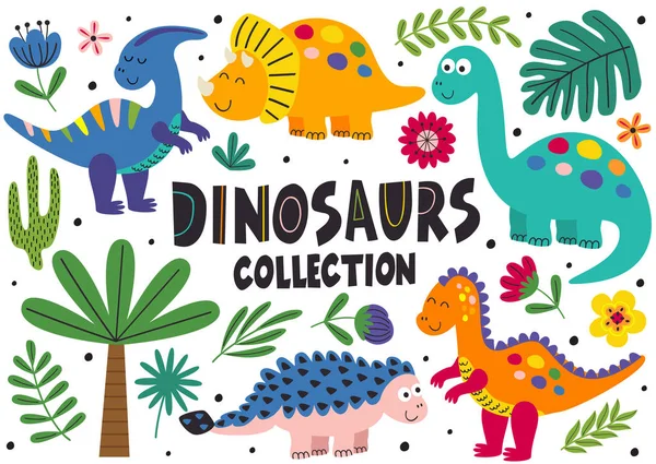Conjunto Dinosaurios Lindos Aislados Parte Ilustración Vectorial Eps — Vector de stock