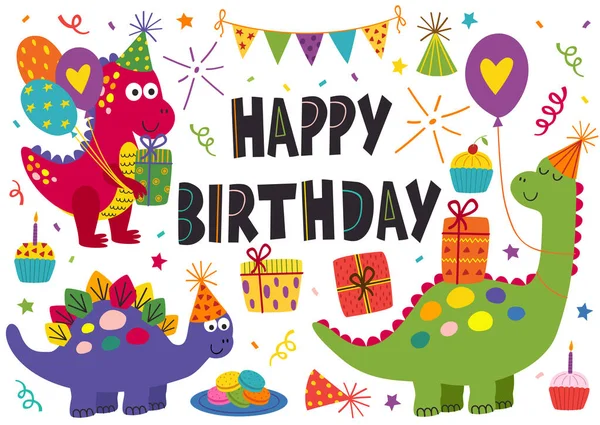 Set Dinosaurus Lucu Terisolasi Untuk Happy Birthday Desain Vektor Ilustrasi - Stok Vektor