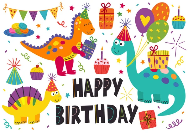 Set Dinosaurus Lucu Terisolasi Selamat Ulang Tahun Vektor Ilustrasi Eps - Stok Vektor