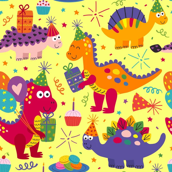 Seamless Pattern Cute Dinosaurs Happy Birthday Yellow Background Vector Illustration — Stock Vector