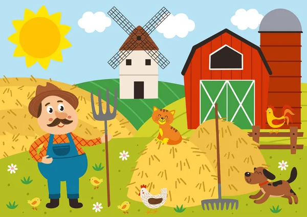 Agriculteur Tient Dans Basse Cour Avec Fourche Animaux Compagnie Illustration — Image vectorielle