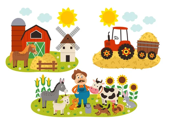 Conjunto Escenas Granja Aisladas Ilustración Vectorial Eps — Vector de stock